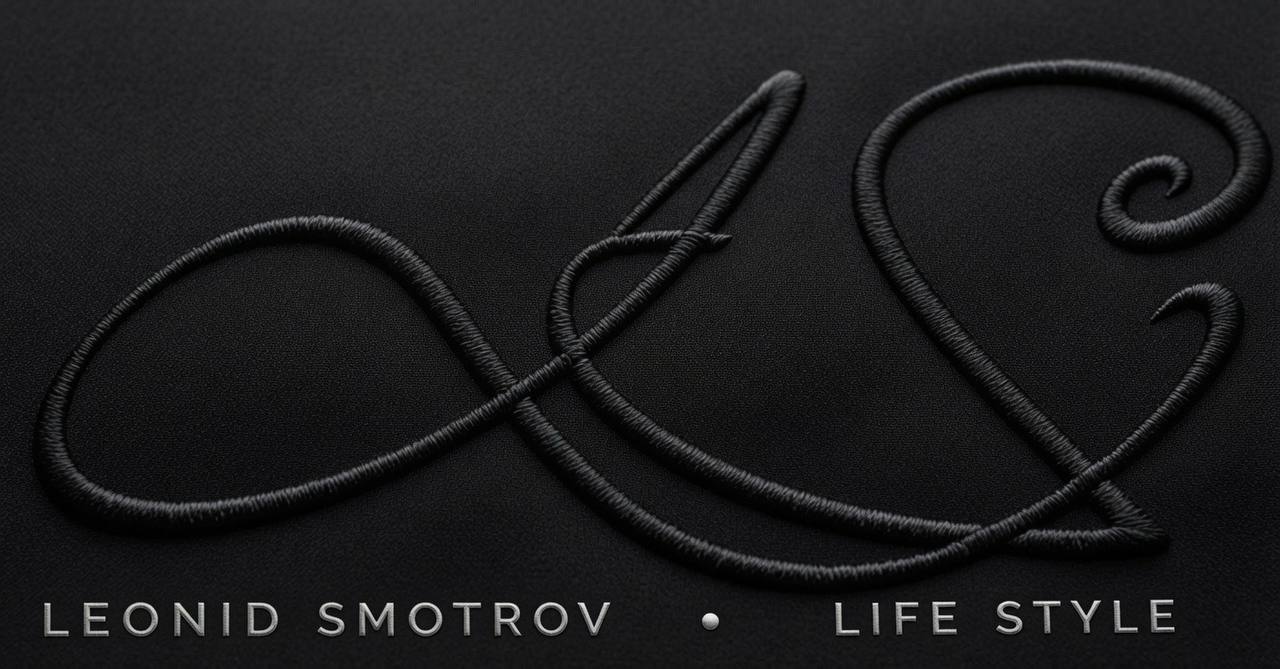 The LS monogram, embroidered in matte thread on black — Leonid Smotrov, Life Style